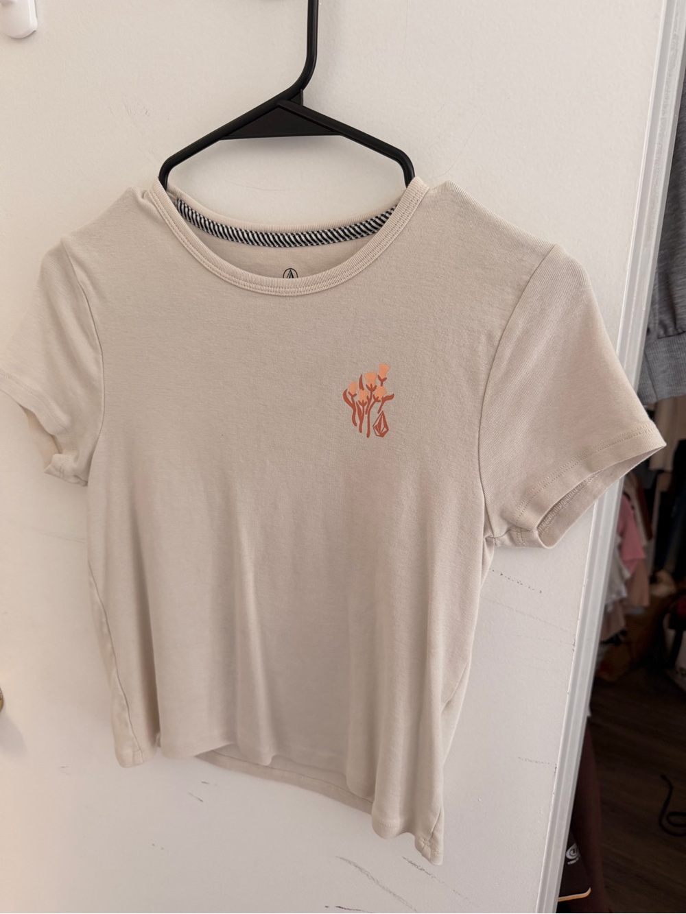 Volcom Cream Tee with Small Orange Floral Graphic